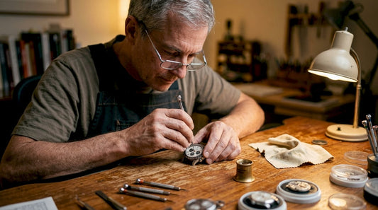 Watchmaker carefully removing luxury watch hands
