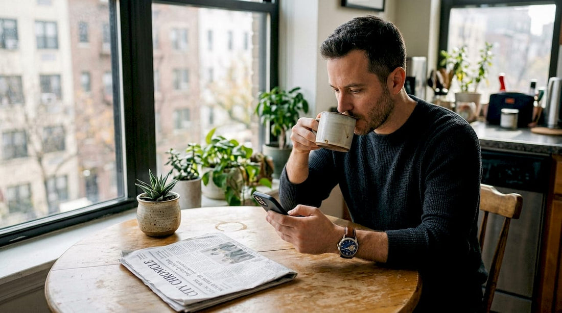 Man wearing open-heart watch in morning kitchen
