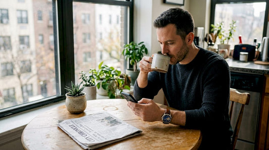 Man wearing open-heart watch in morning kitchen
