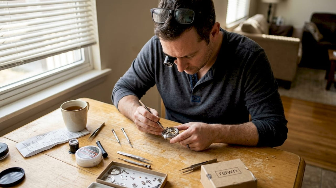 Man setting watch at kitchen table workspace