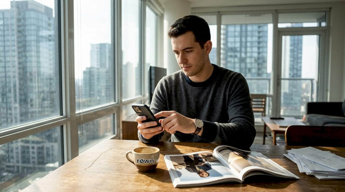 Man adjusting luxury watch in urban apartment
