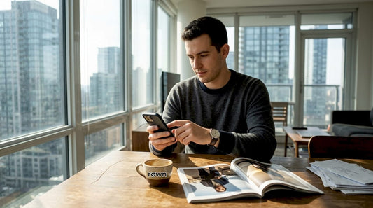 Man adjusting luxury watch in urban apartment