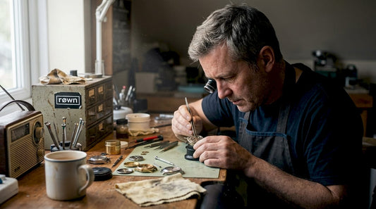 Watchmaker assembling mechanical movement in home workshop