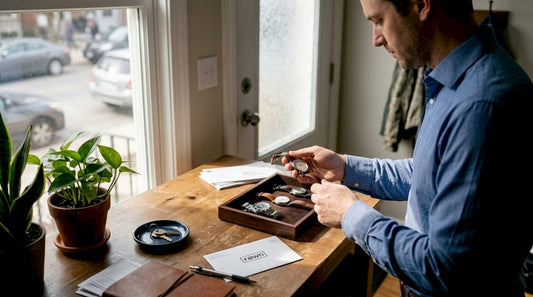 Man choosing watch by entryway table