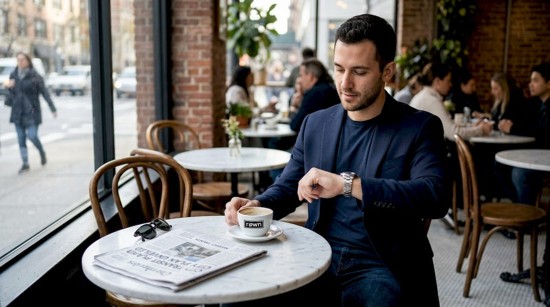 Man checking luxury watch in city café