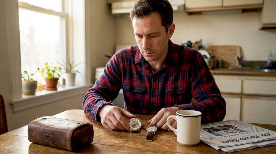 Person comparing automatic and manual watches at kitchen table