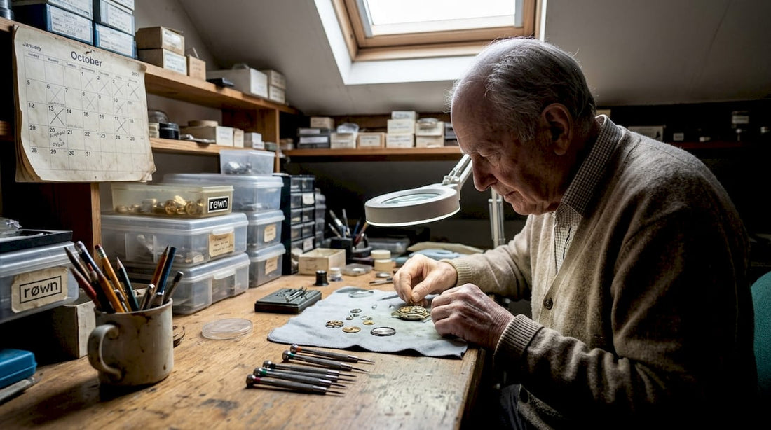 Watchmaker working at cluttered attic workbench