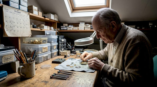Watchmaker working at cluttered attic workbench