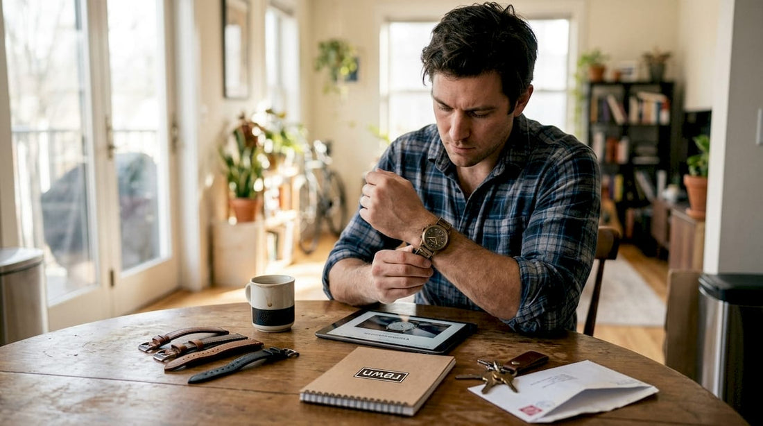 Man adjusting custom watch strap at kitchen table