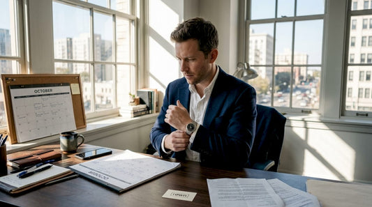 Man adjusting dress watch at office desk