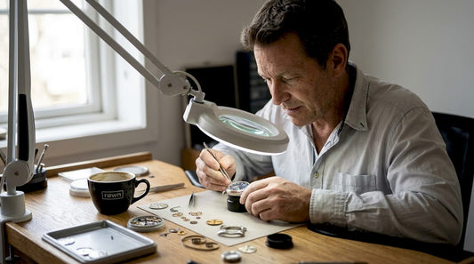 Watchmaker inspecting luxury dial at workbench