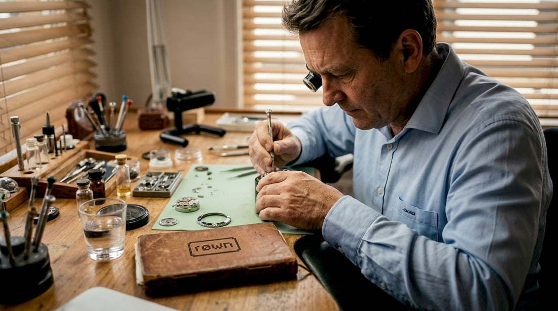 Watchmaker customizing luxury watch at workbench