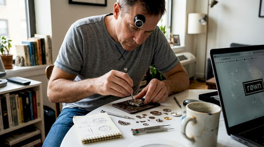 Person assembling watch at cluttered home table