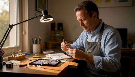Watchmaker assembling gears at cluttered table