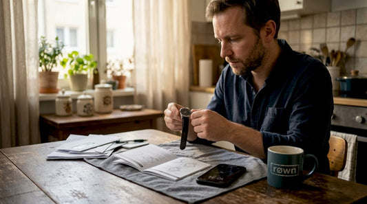 Man adjusting automatic watch at kitchen table