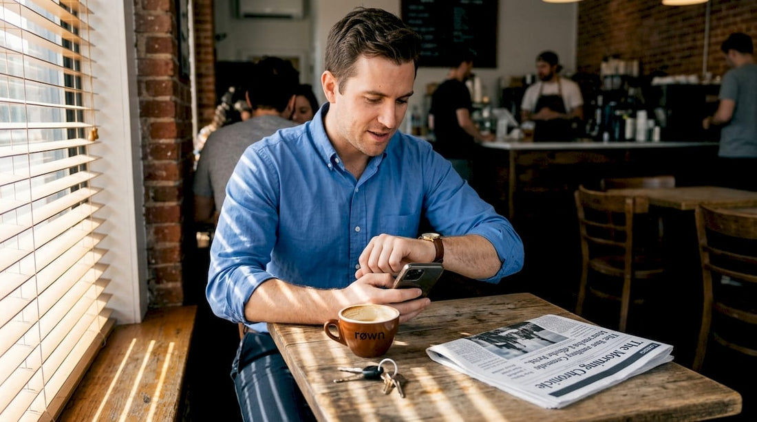 Man checking stylish watch in café setting