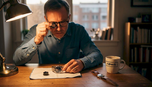 Collector inspects limited edition watch at kitchen table