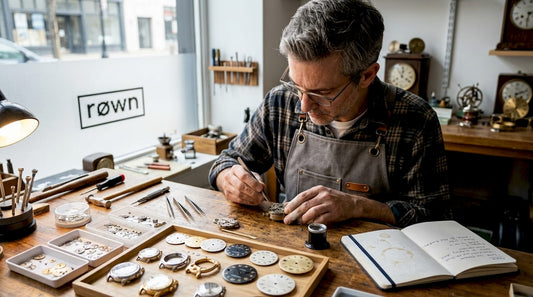 Watchmaker reviewing components at wooden workbench
