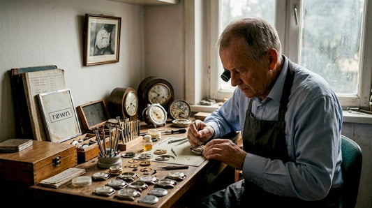 Watchmaker inspecting a movement in studio