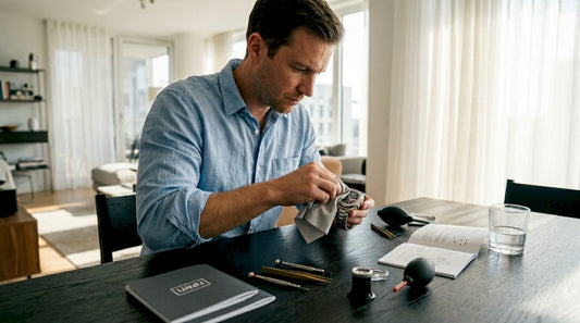 Man cleaning custom watch at kitchen table
