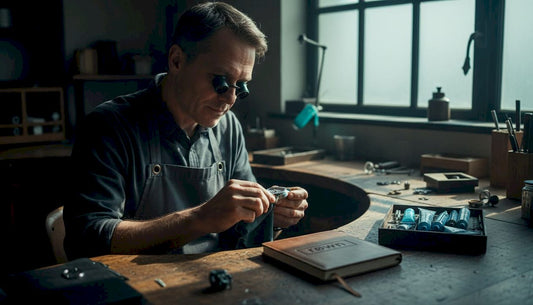 Watchmaker applying finishing polish at workbench