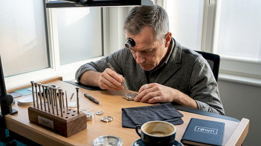 Watchmaker inspecting NH35 movement at studio bench