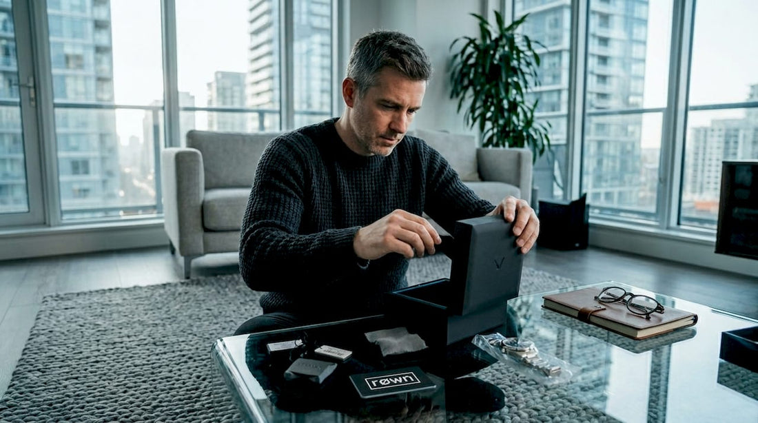 Man unboxing luxury watch in city living room